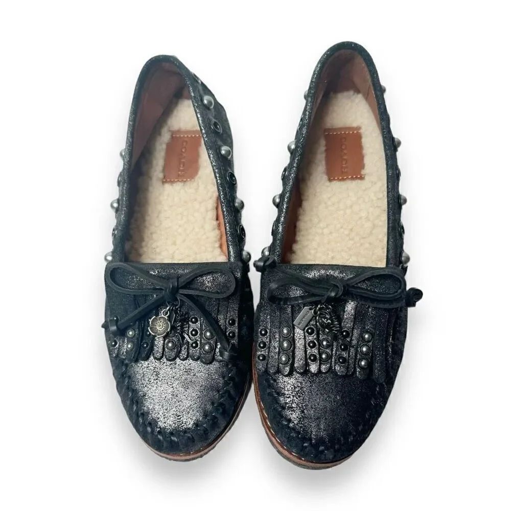 COACH Roccasin Black Metallic Leather Slip On Moccasins Sherpa Flat Loafers Sz 6 - Picture 2 of 10